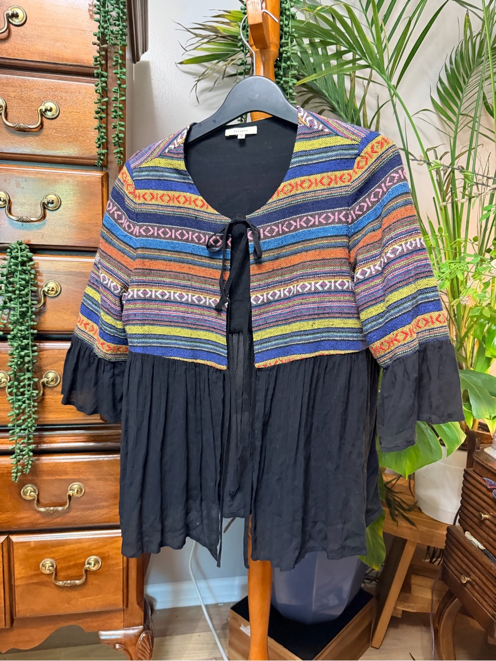 Anthropologie Pleione Boho Tribal Cardigan Jacket with Tie Front and Ruffle Hem